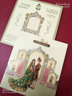 KLB-1429 Creme Bride Groom Semi Box Wedding Card (2 Page & Couple Name Wooden Plate)-Kalash Cards
