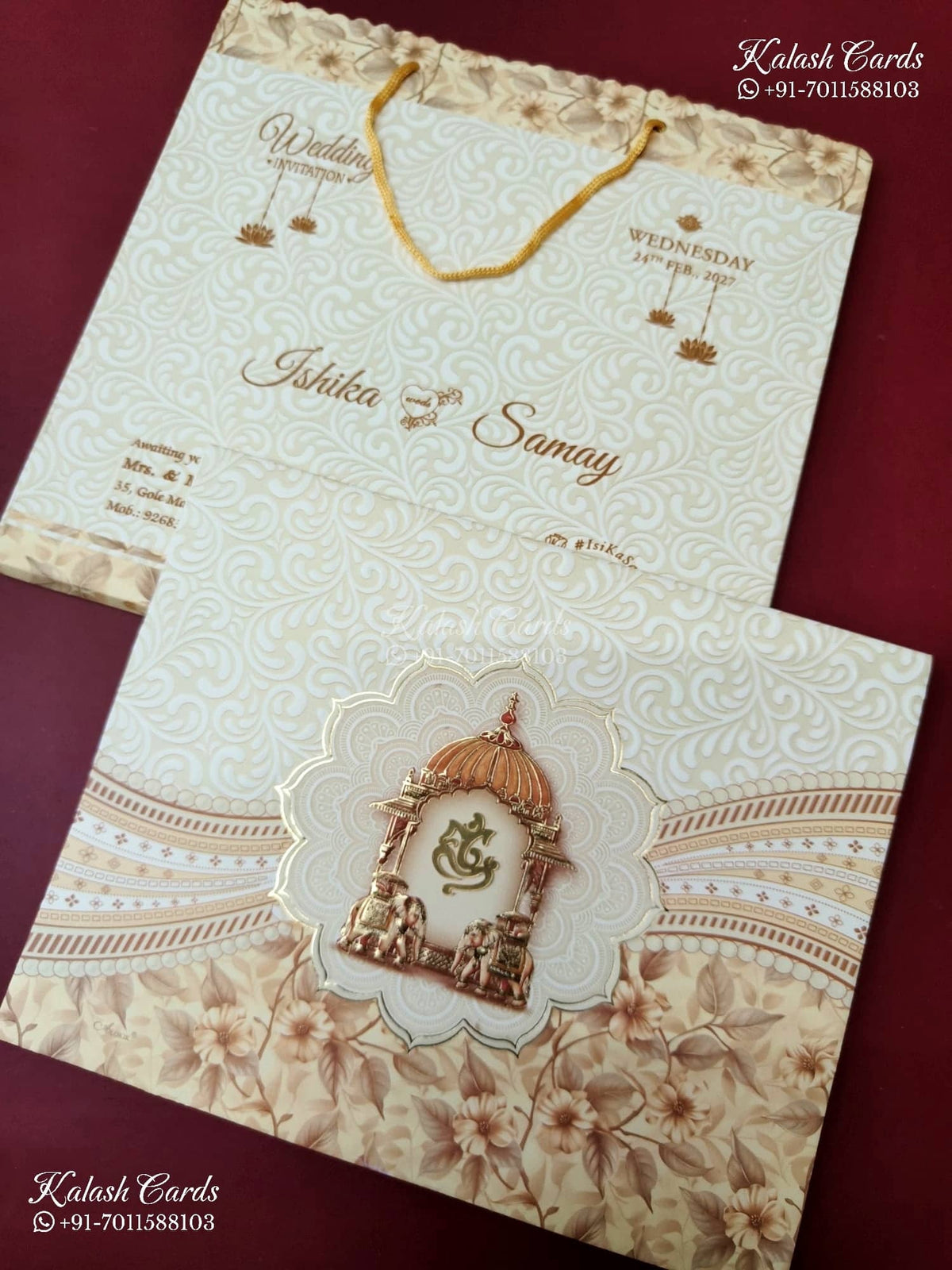 KLB-1436 Creme Brown Floral Traditional Carry Bag Style Semi Box Wedding Card (2 Page)-Kalash Cards