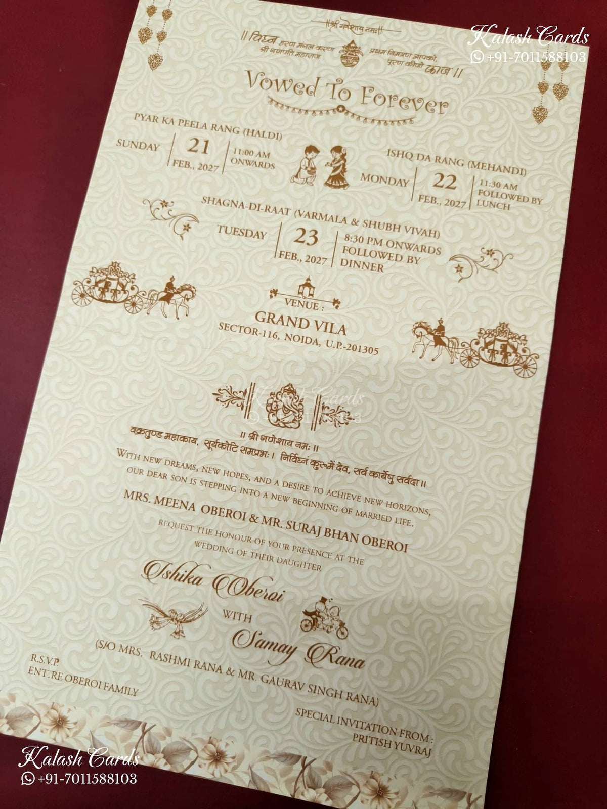 KLB-1436 Creme Brown Floral Traditional Carry Bag Style Semi Box Wedding Card (2 Page)-Kalash Cards