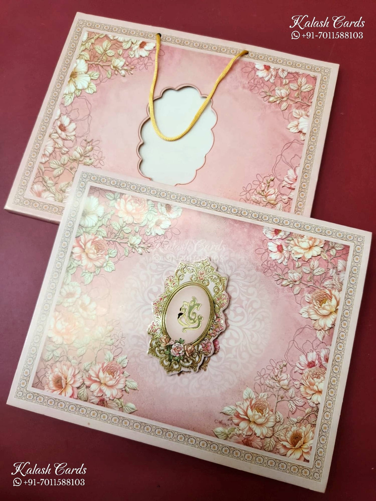 KLB-1437 Pink Floral Carry Bag Style Semi Box Wedding Card (2 Page)-Kalash Cards