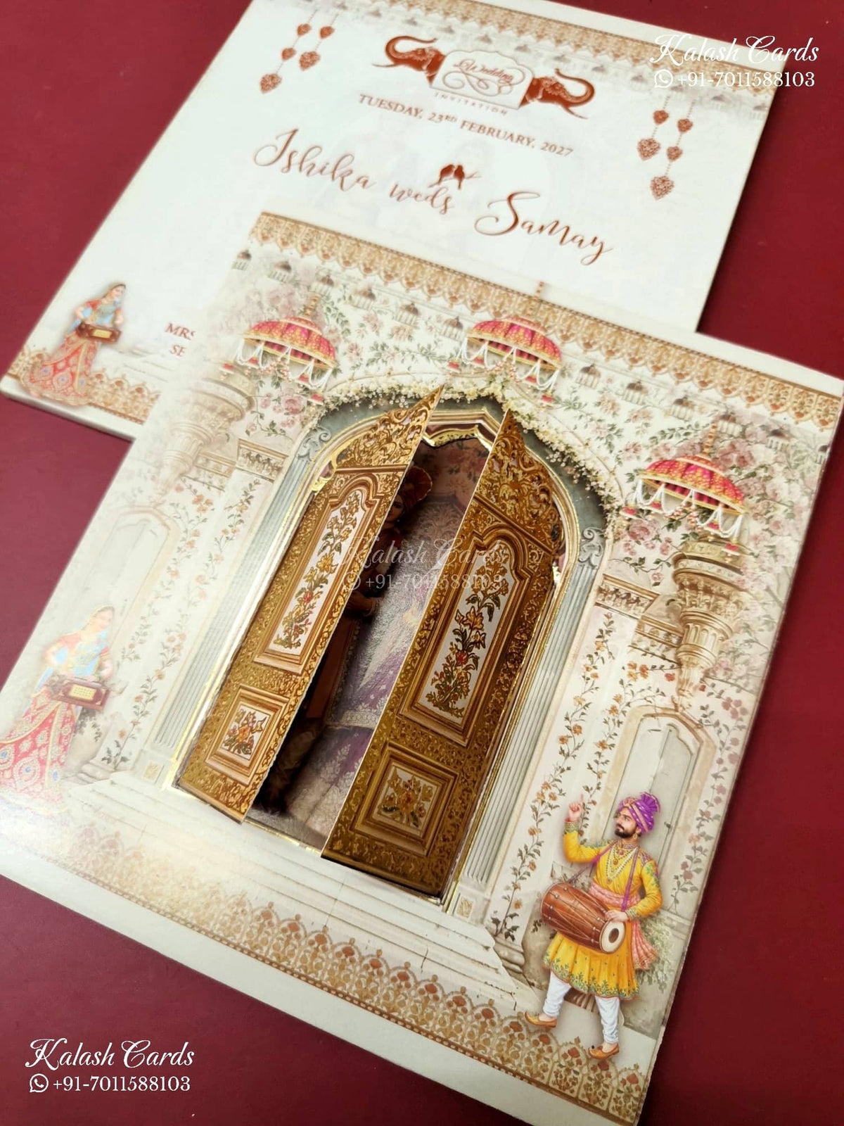 KLB-1444 Creme Bride Groom Door Style Semi Box Wedding Card (2 Page)-Kalash Cards