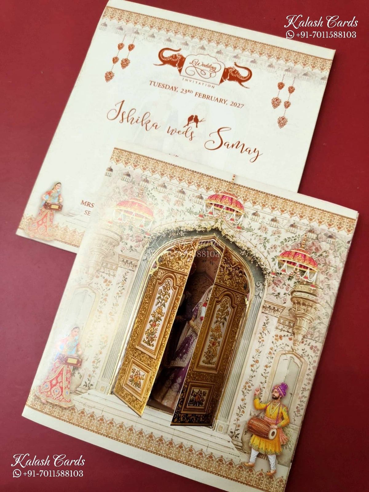 KLB-1444 Creme Bride Groom Door Style Semi Box Wedding Card (2 Page)-Kalash Cards