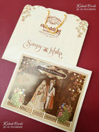KLB-1447 Creme Brown Bride Groom Carry Bag Style Semi Box Wedding Card (2 Page & Couple Name Wooden Plate)-Kalash Cards