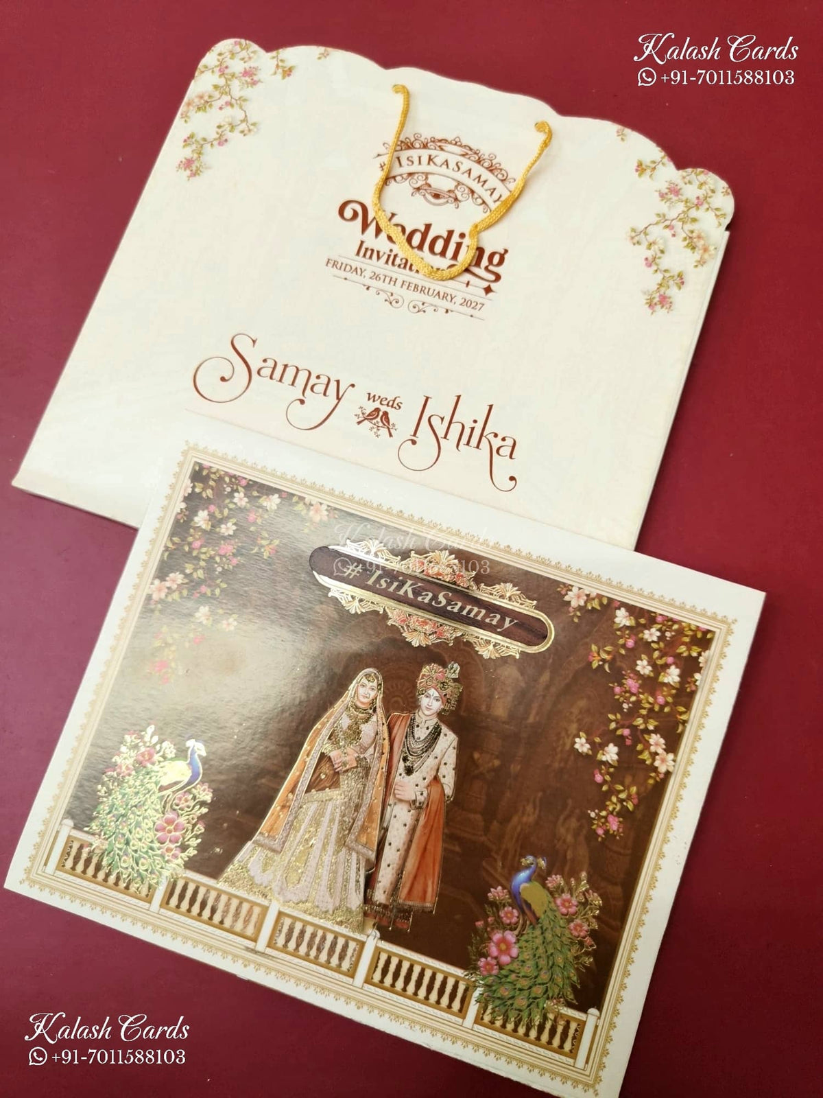 KLB-1447 Creme Brown Bride Groom Carry Bag Style Semi Box Wedding Card (2 Page & Couple Name Wooden Plate)-Kalash Cards
