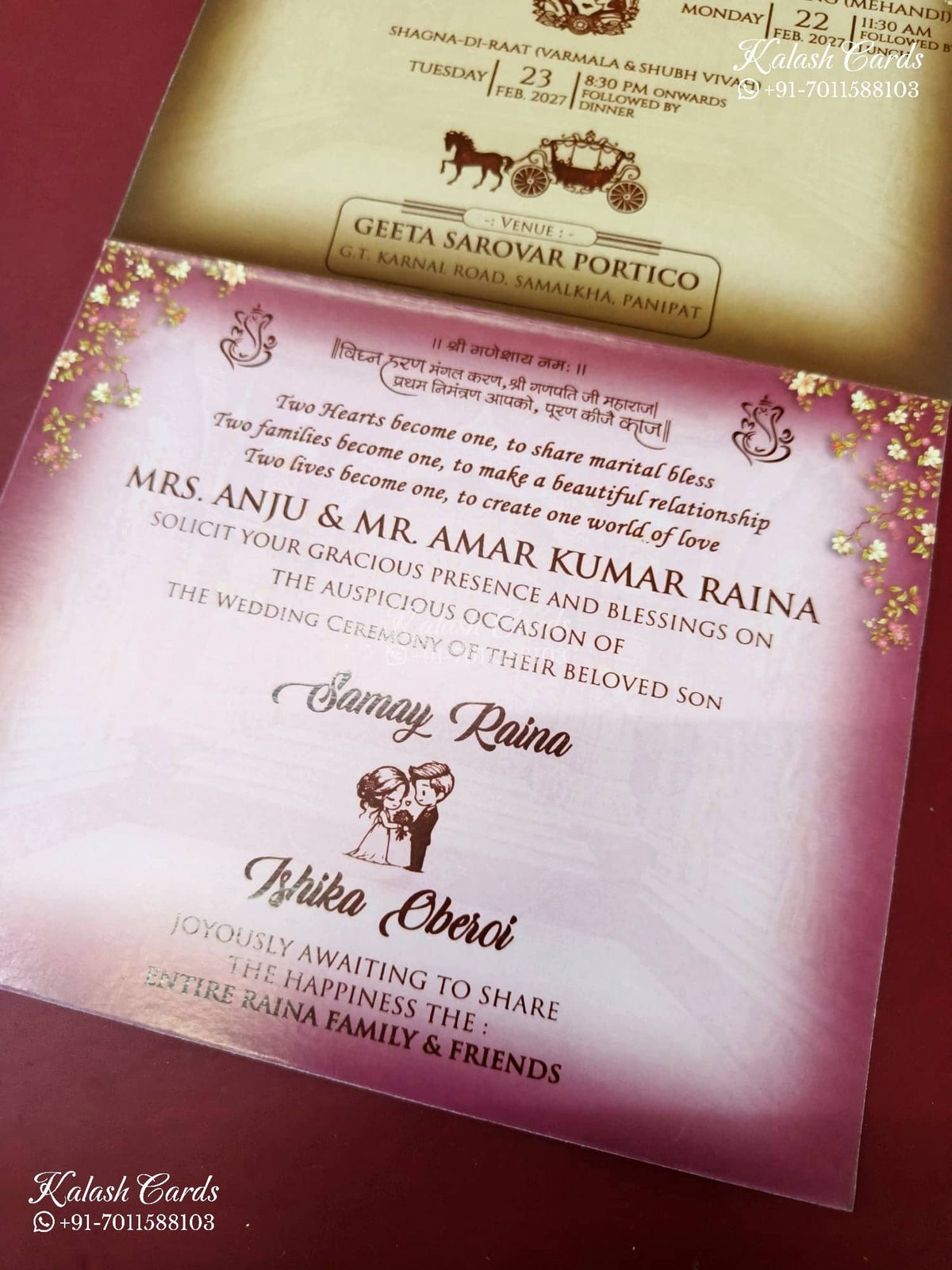 KLB-1447 Creme Brown Bride Groom Carry Bag Style Semi Box Wedding Card (2 Page & Couple Name Wooden Plate)-Kalash Cards