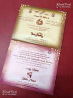 KLB-1447 Creme Brown Bride Groom Carry Bag Style Semi Box Wedding Card (2 Page & Couple Name Wooden Plate)-Kalash Cards