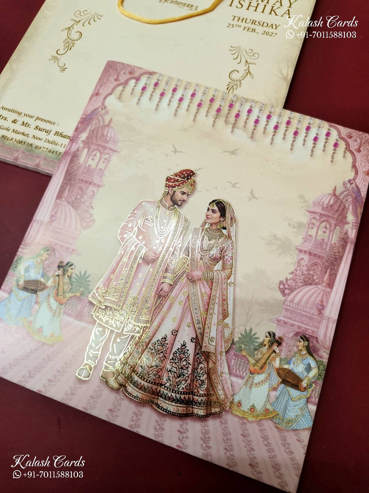 KLB-1451 Creme Pink Bride Groom Carry Bag Style Semi Box Wedding Card (2 Page)-Kalash Cards