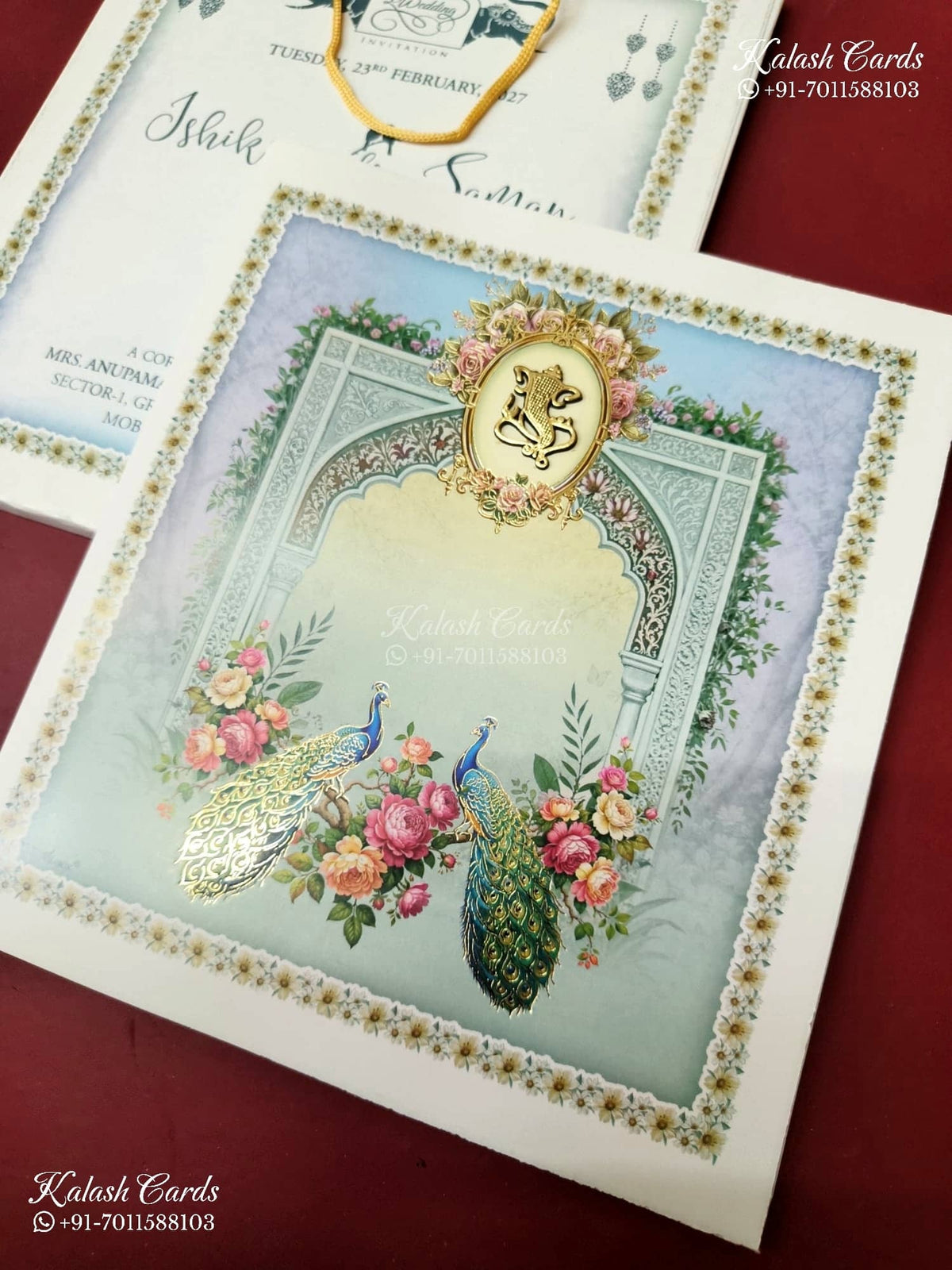 KLB-1453 Blue Green Peacock Carry Bag Style Semi Box Wedding Card (2 Page)-Kalash Cards