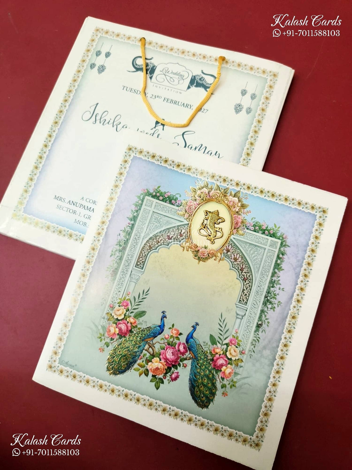 KLB-1453 Blue Green Peacock Carry Bag Style Semi Box Wedding Card (2 Page)-Kalash Cards