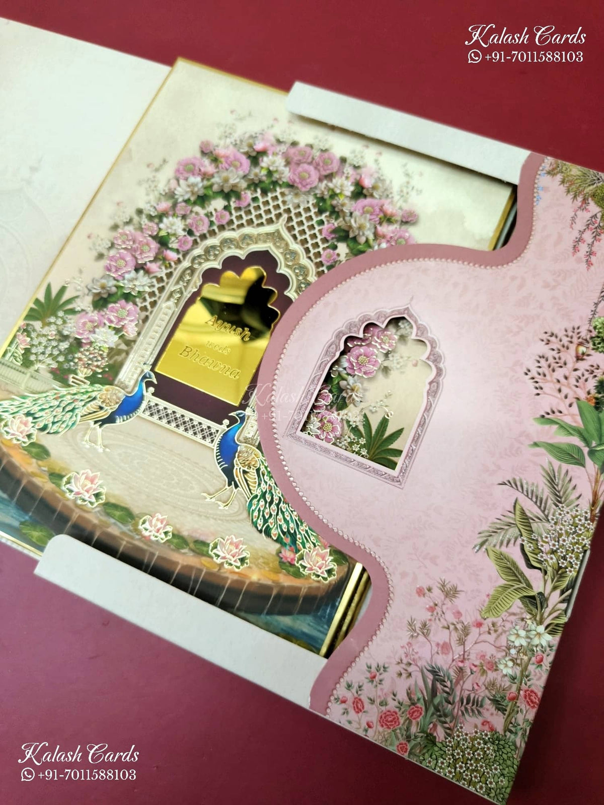 KLB-1462 Creme Royal Arch Peacock 3D Gold Foil Padded Thick Wedding Card (2 Page & Couple Name Acrylic)-Kalash Cards