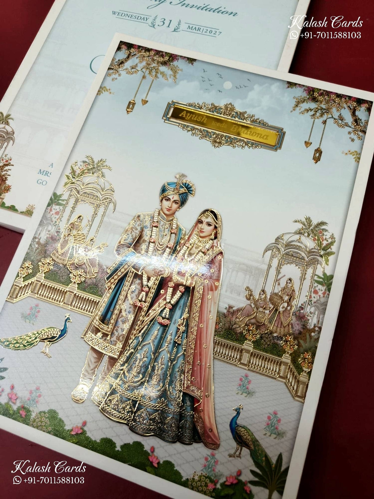 KLB-1464 Blue Bride Groom 3D Gold Foil Padded Thick Wedding Card (2 Page & Couple Name Acrylic)-Kalash Cards