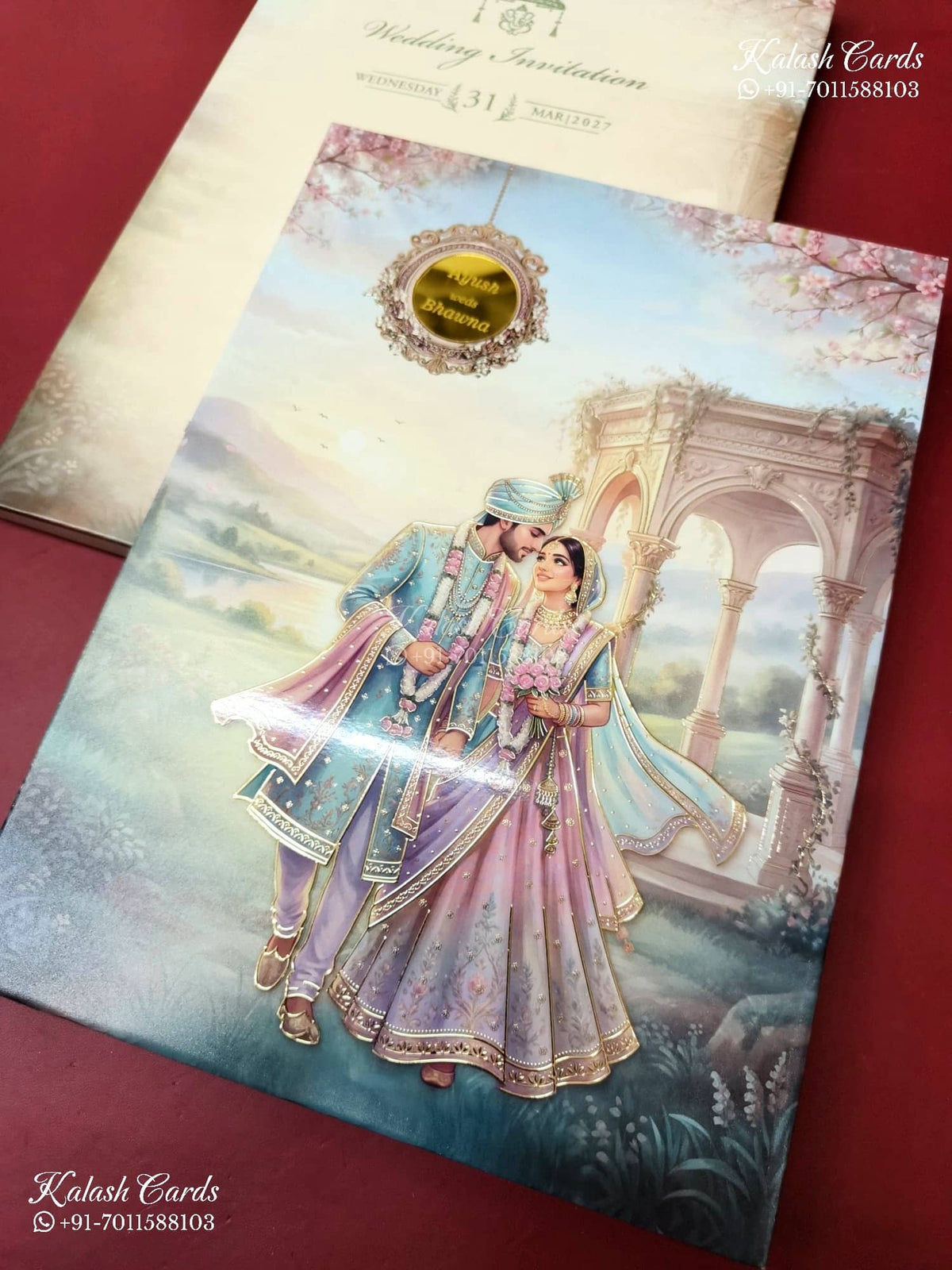 KLB-1465 Blue Pink Bride Groom 3D Gold Foil Padded Thick Wedding Card (2 Page & Couple Name Acrylic)-Kalash Cards