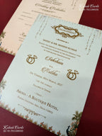 KLB-1466 Creme Royal Arch Peacock 3D Gold Foil Padded Thick Wedding Card (2 Page & Couple Name Acrylic)-Kalash Cards
