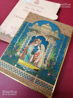 KLB-1467 Royal Blue Bride Groom 3D Gold Foil Padded Thick Wedding Card (2 Page & Couple Name Acrylic)-Kalash Cards