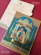 KLB-1467 Royal Blue Bride Groom 3D Gold Foil Padded Thick Wedding Card (2 Page & Couple Name Acrylic)-Kalash Cards