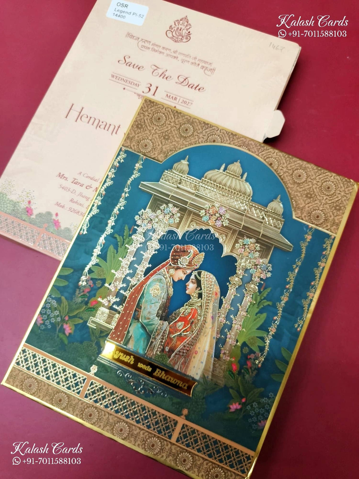 KLB-1467 Royal Blue Bride Groom 3D Gold Foil Padded Thick Wedding Card (2 Page & Couple Name Acrylic)-Kalash Cards