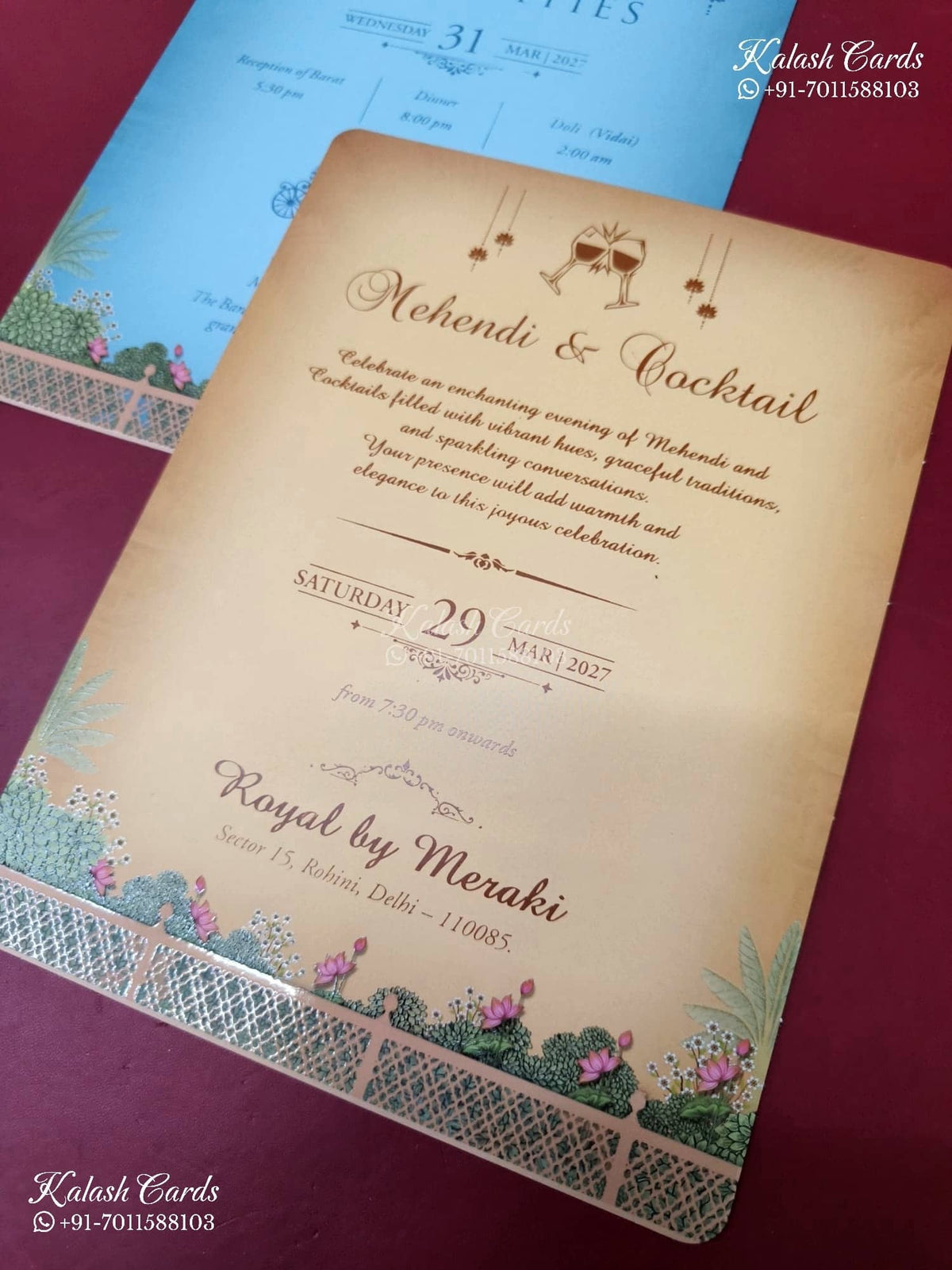 KLB-1467 Royal Blue Bride Groom 3D Gold Foil Padded Thick Wedding Card (2 Page & Couple Name Acrylic)-Kalash Cards