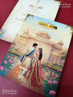 KLB-1471 Creme Blue Bride Groom 3D Gold Foil Padded Thick Wedding Card (2 Page & Couple Name Acrylic)-Kalash Cards