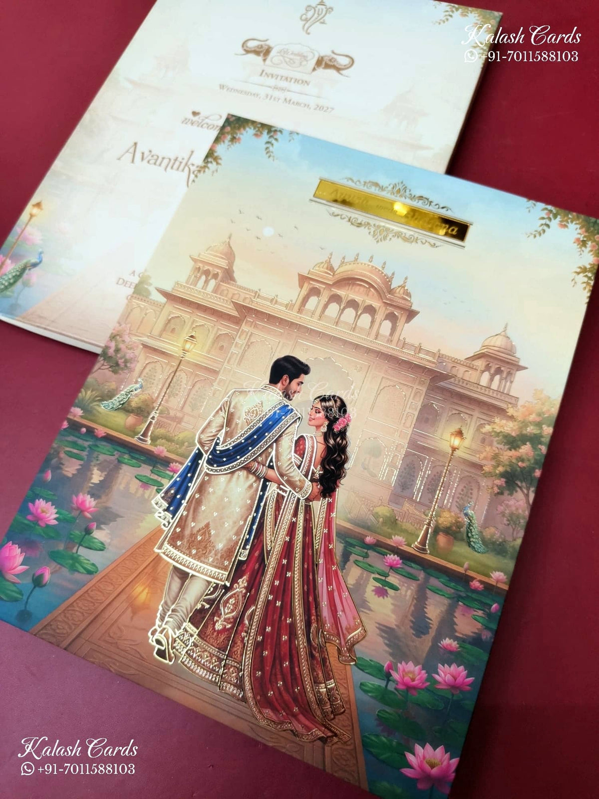 KLB-1471 Creme Blue Bride Groom 3D Gold Foil Padded Thick Wedding Card (2 Page & Couple Name Acrylic)-Kalash Cards