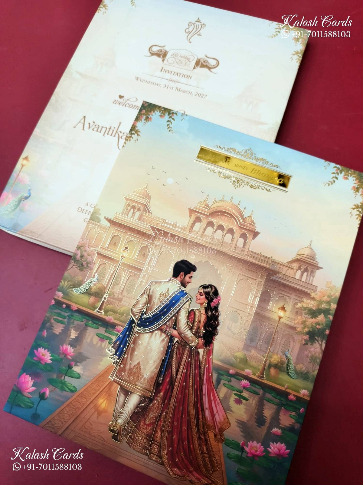 KLB-1471 Creme Blue Bride Groom 3D Gold Foil Padded Thick Wedding Card (2 Page & Couple Name Acrylic)-Kalash Cards