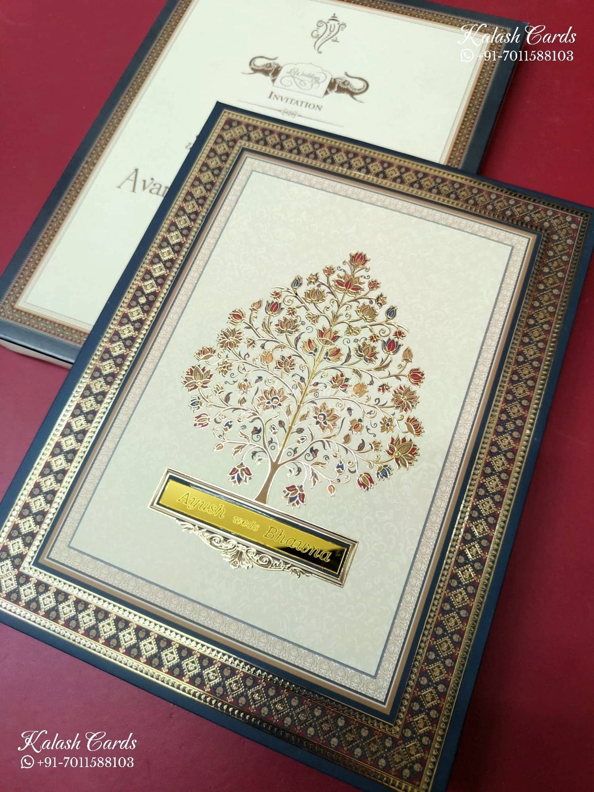 KLB-1478 Creme Blue Tree of Life 3D Gold Foil Padded Thick Wedding Card (2 Page & Couple Name Acrylic)-Kalash Cards