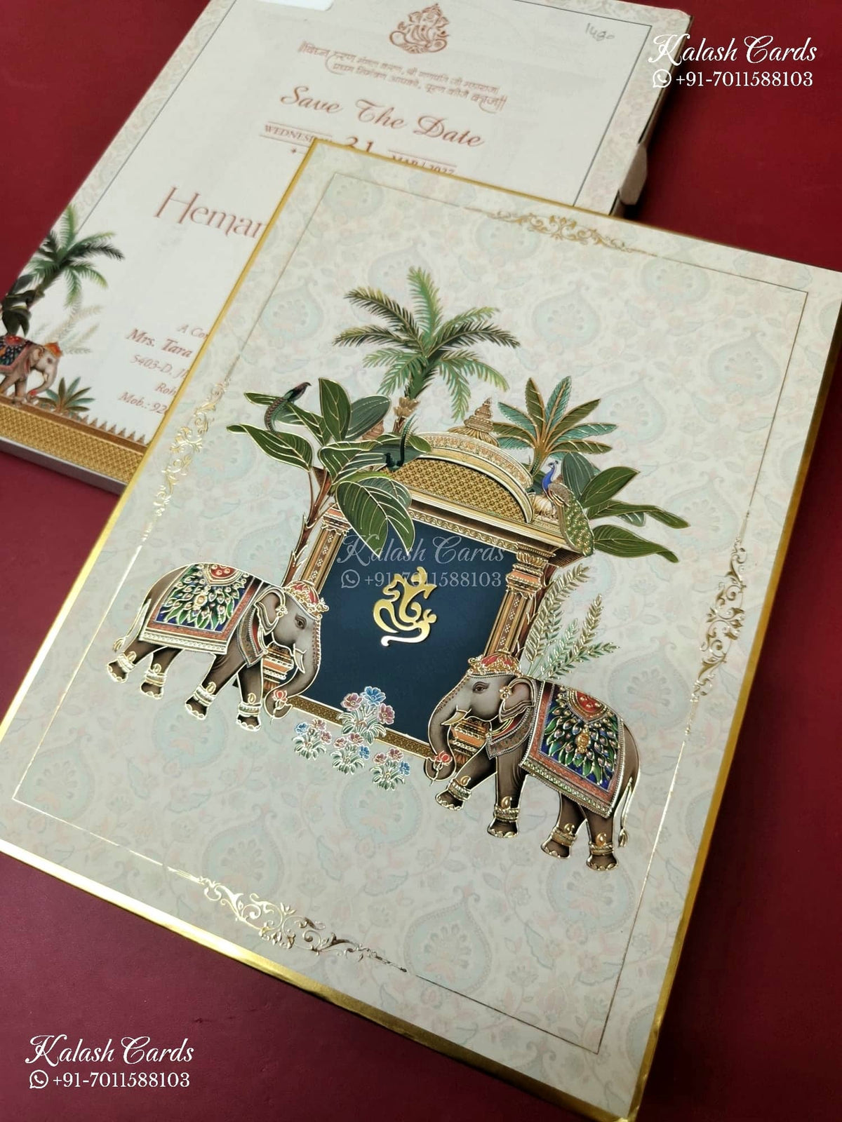 KLB-1480 Creme Elephant 3D Gold Foil Padded Thick Wedding Card (2 Page)-Kalash Cards