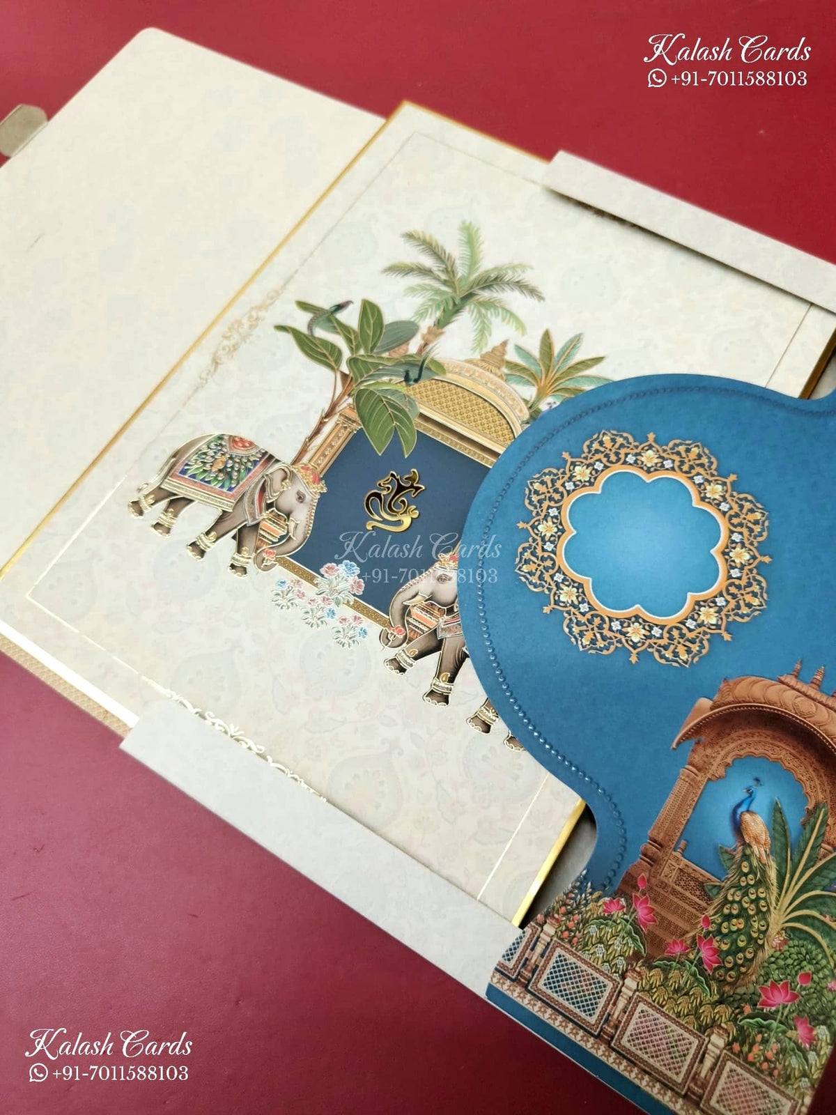 KLB-1480 Creme Elephant 3D Gold Foil Padded Thick Wedding Card (2 Page)-Kalash Cards