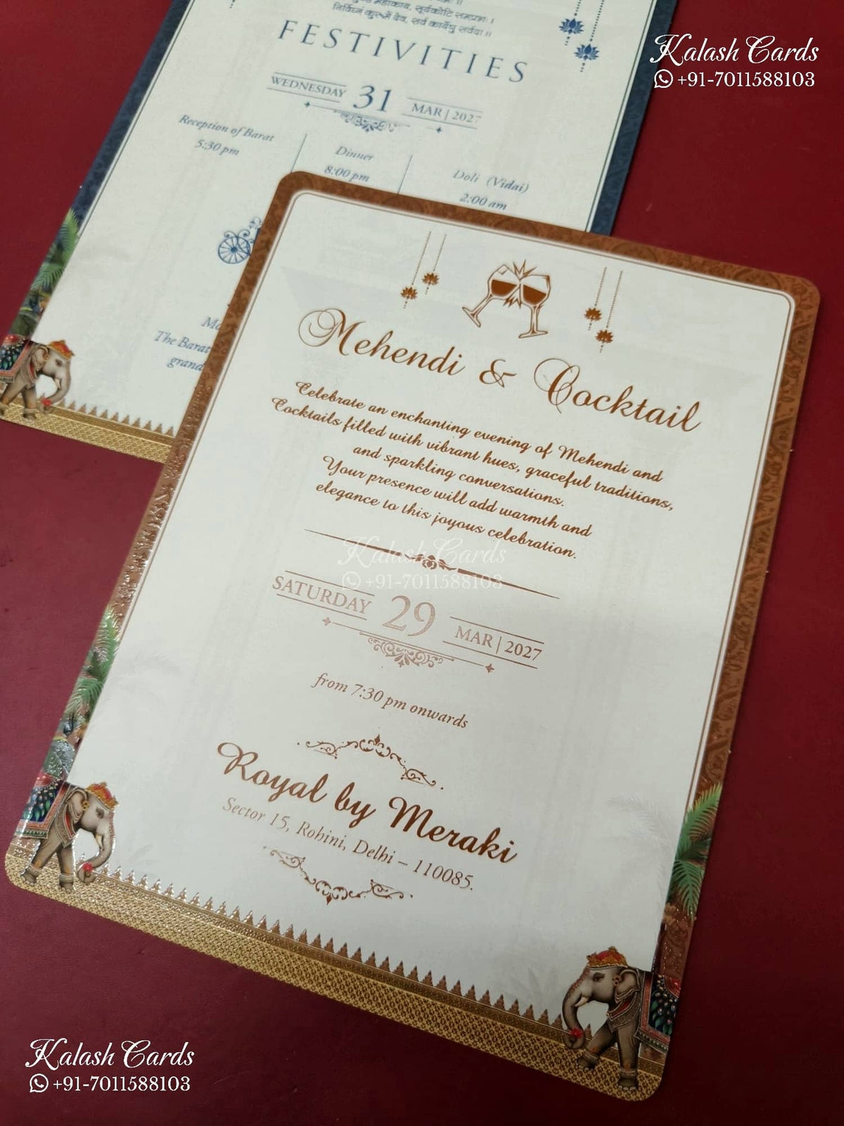 KLB-1480 Creme Elephant 3D Gold Foil Padded Thick Wedding Card (2 Page)-Kalash Cards