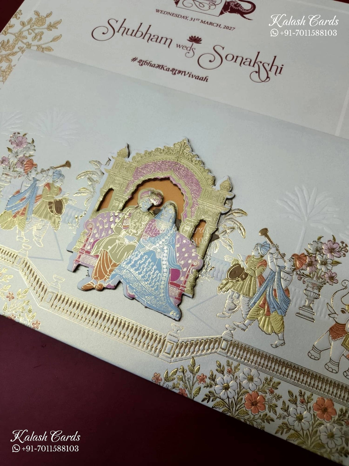 KLB-1485 White Bride Groom Barat Laser Cut Padded Thick Wedding Card (2 Page)-Kalash Cards