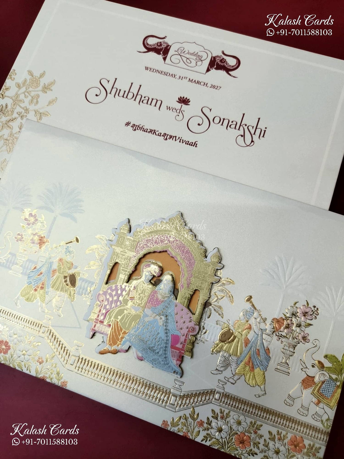KLB-1485 White Bride Groom Barat Laser Cut Padded Thick Wedding Card (2 Page)-Kalash Cards
