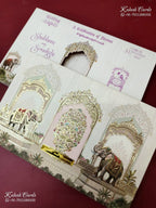 KLB-1487 Creme Pink Royal Arch Elephant 3D Gold Foil Padded Thick Wedding Card (2 Page & Couple Name Acrylic)-Kalash Cards