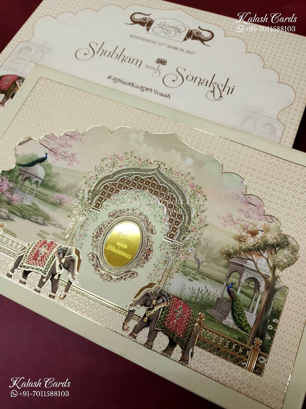 KLB-1488 Creme Royal Arch Elephant 3D Gold Foil Padded Thick Wedding Card (2 Page & Couple Name Acrylic)-Kalash Cards