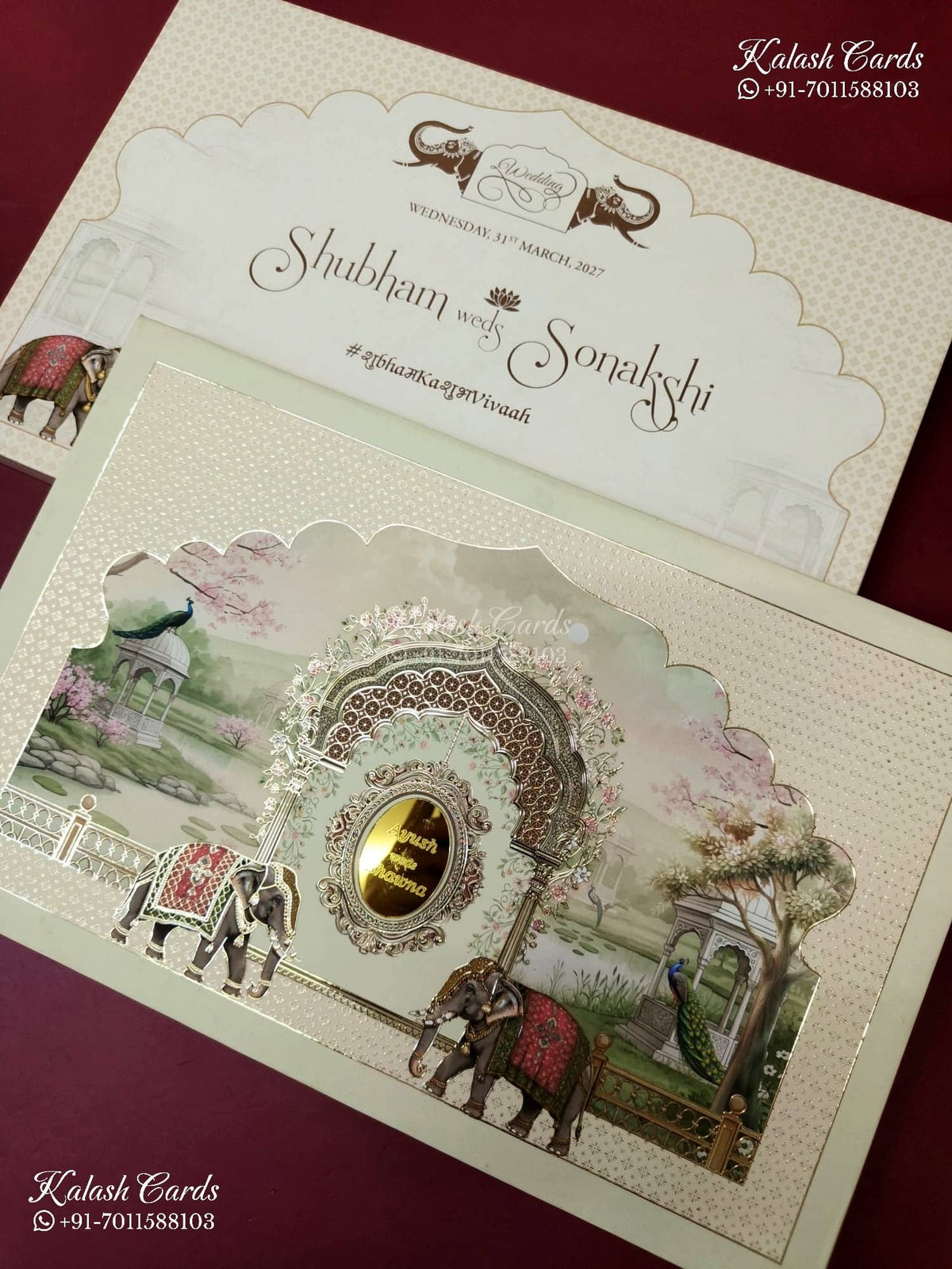 KLB-1488 Creme Royal Arch Elephant 3D Gold Foil Padded Thick Wedding Card (2 Page & Couple Name Acrylic)-Kalash Cards