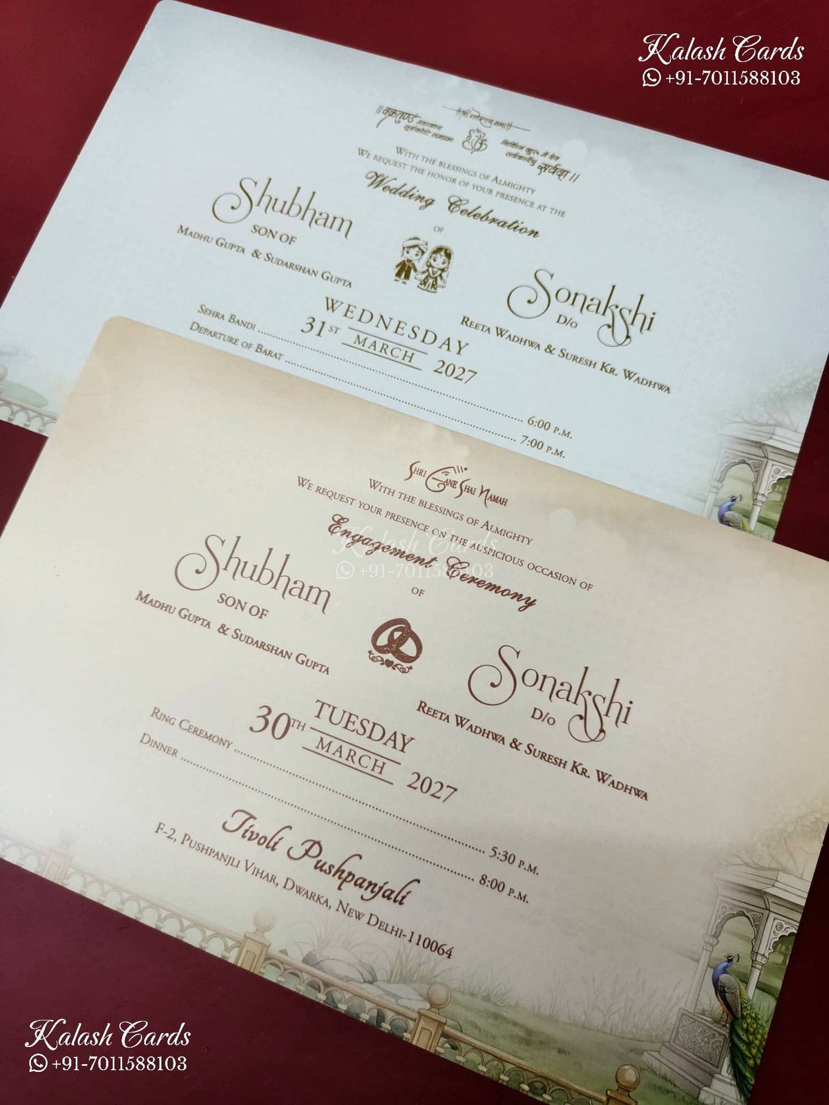 KLB-1488 Creme Royal Arch Elephant 3D Gold Foil Padded Thick Wedding Card (2 Page & Couple Name Acrylic)-Kalash Cards