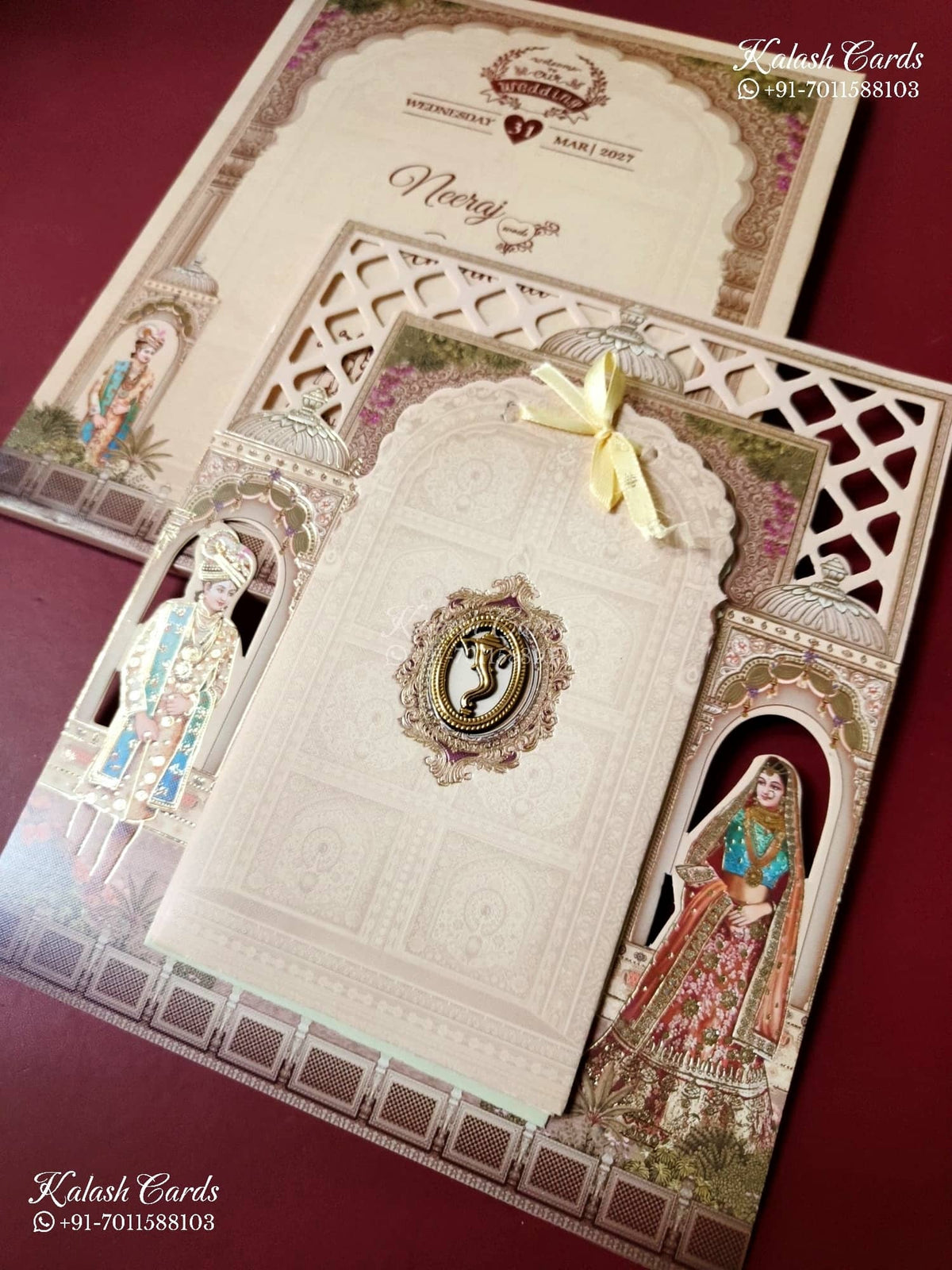 KLB-1490 Creme Bride Groom Laser Cut Semi Box Wedding Card (2 Page)-Kalash Cards
