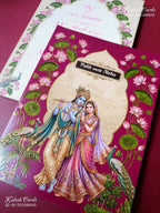 KLB-1491 Maroon Lotus Floral Radha Krishna Semi Box Wedding Card (2 Page & Couple Name Wooden Plate)-Kalash Cards