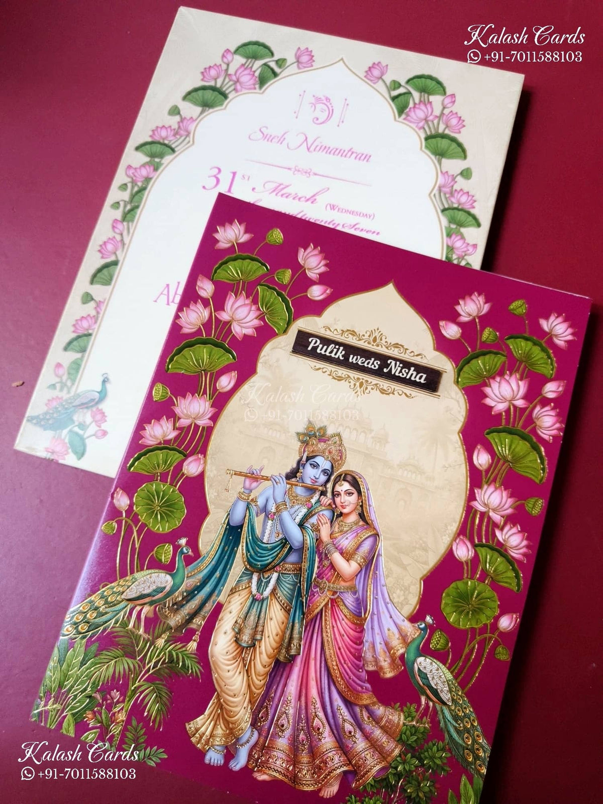 KLB-1491 Maroon Lotus Floral Radha Krishna Semi Box Wedding Card (2 Page & Couple Name Wooden Plate)-Kalash Cards