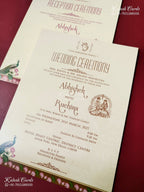KLB-1491 Maroon Lotus Floral Radha Krishna Semi Box Wedding Card (2 Page & Couple Name Wooden Plate)-Kalash Cards