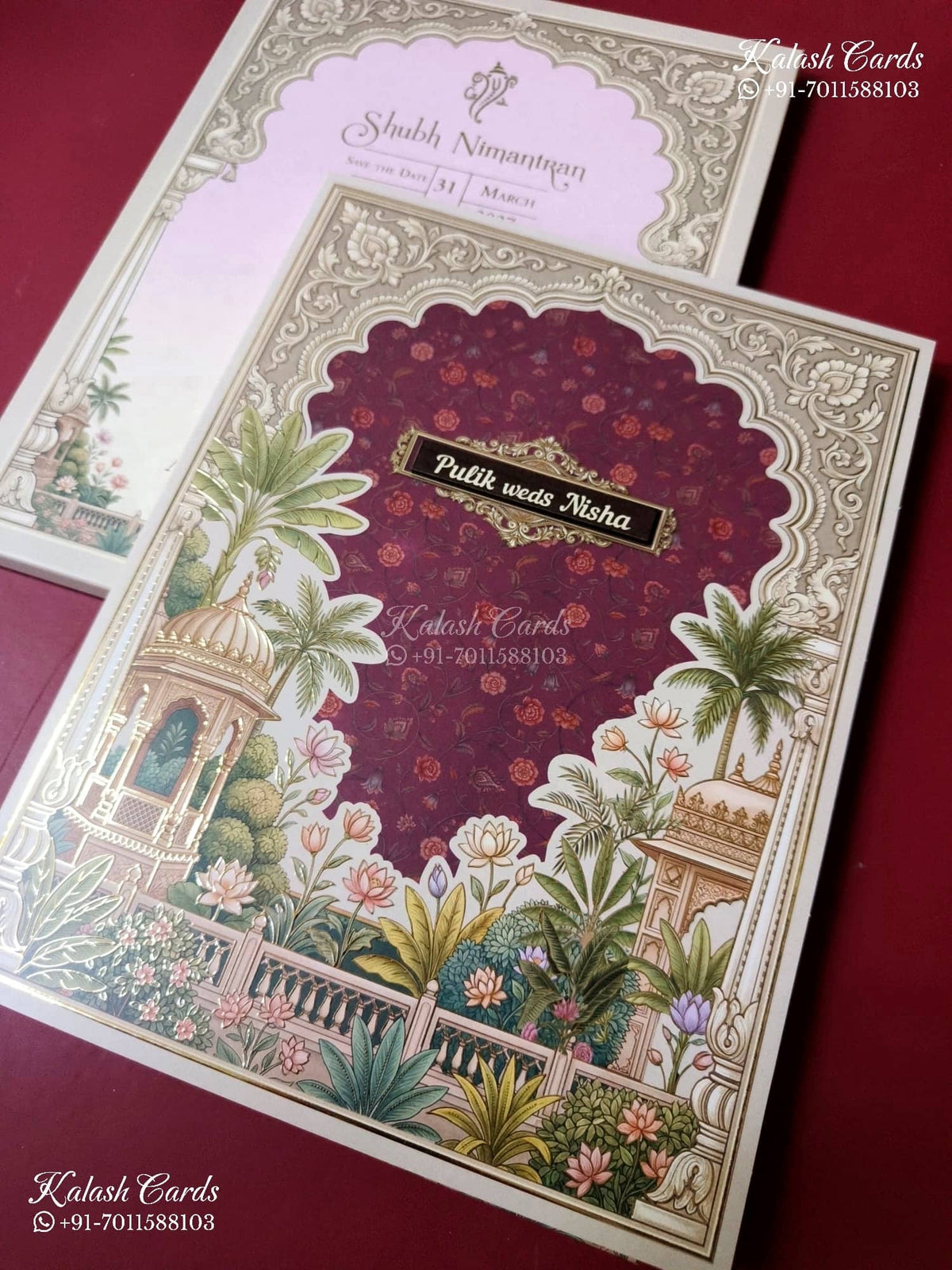 KLB-1493 Maroon Royal Arch 3-Fold Style Semi Box Wedding Card (2 Page)-Kalash Cards