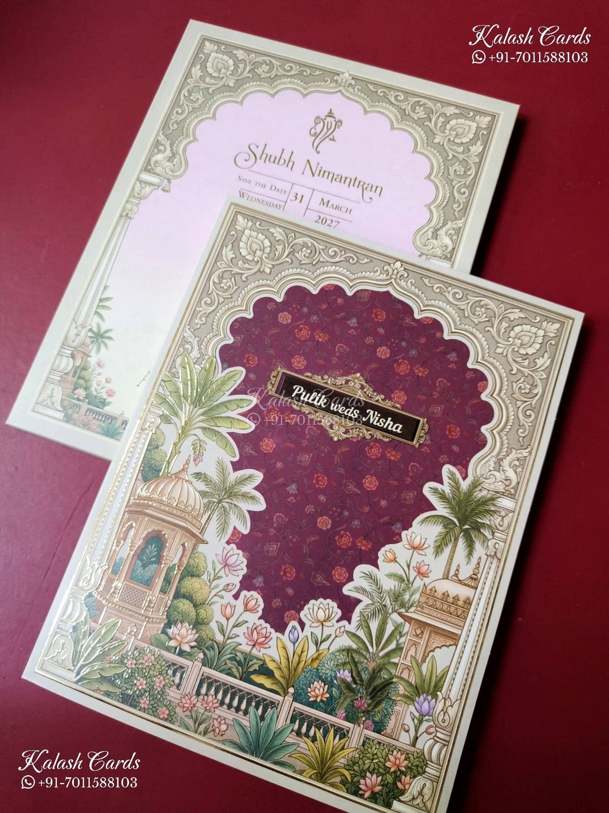 KLB-1493 Maroon Royal Arch 3-Fold Style Semi Box Wedding Card (2 Page)-Kalash Cards