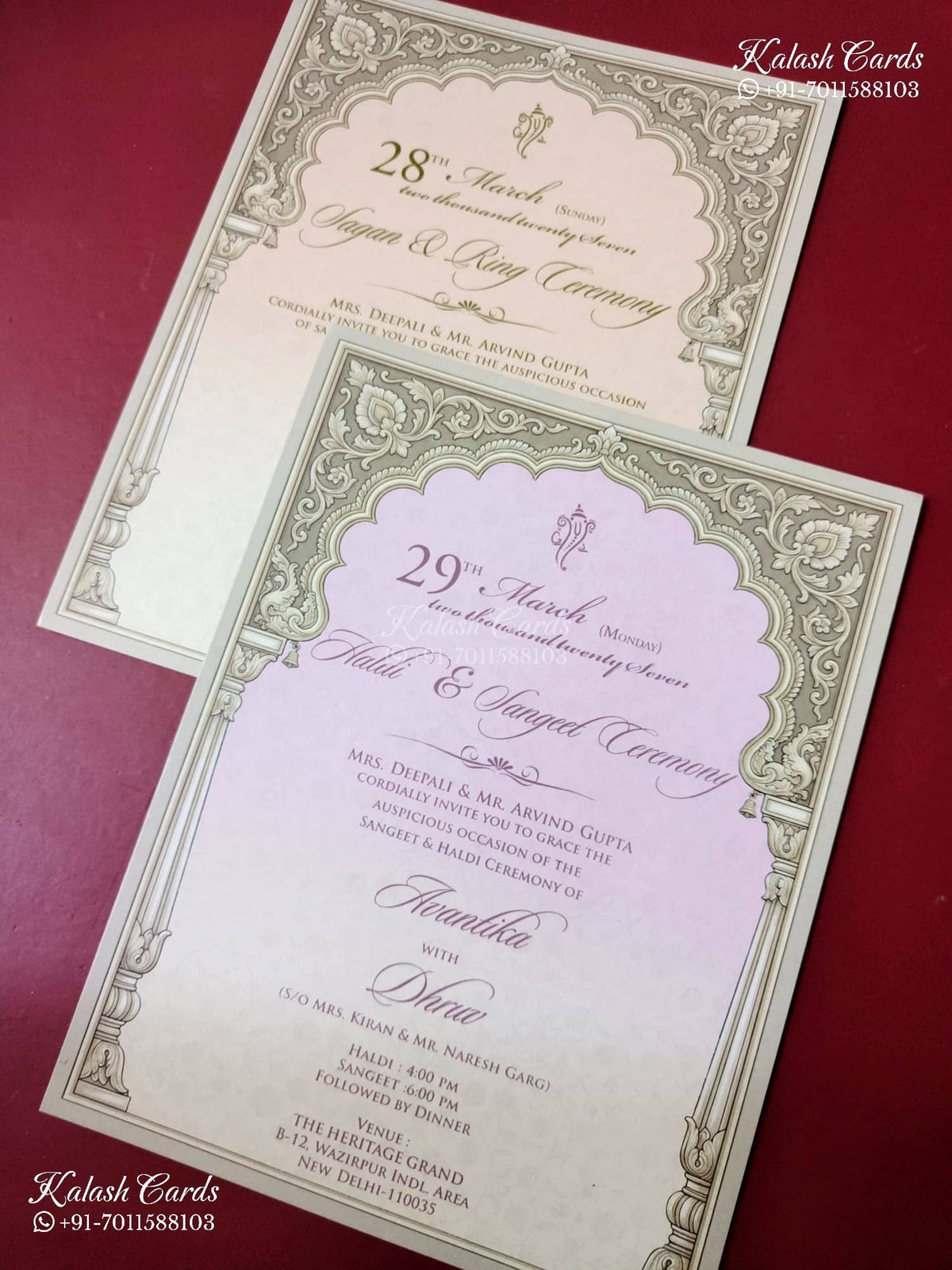 KLB-1493 Maroon Royal Arch 3-Fold Style Semi Box Wedding Card (2 Page)-Kalash Cards