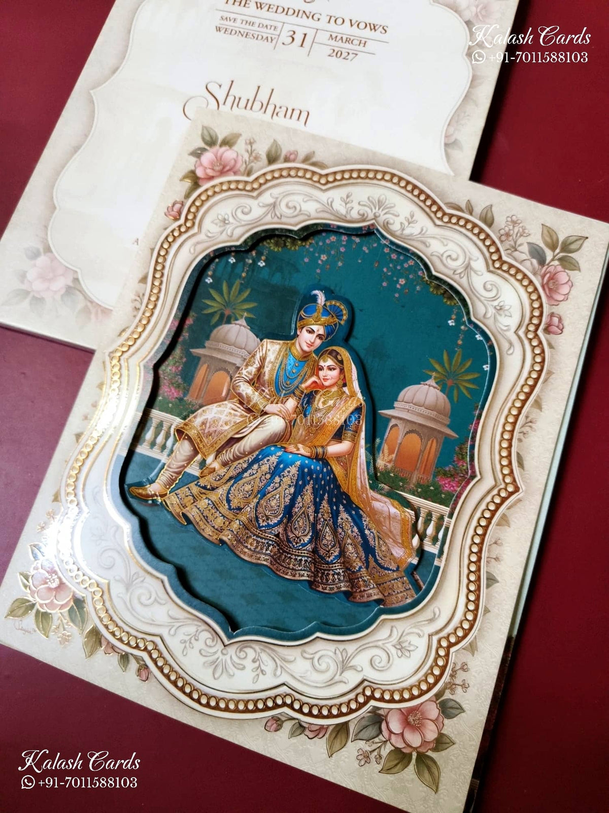 KLB-1496 Creme Royal Blue Bride Groom Laser Cut Semi Box Wedding Card (2 Page)-Kalash Cards