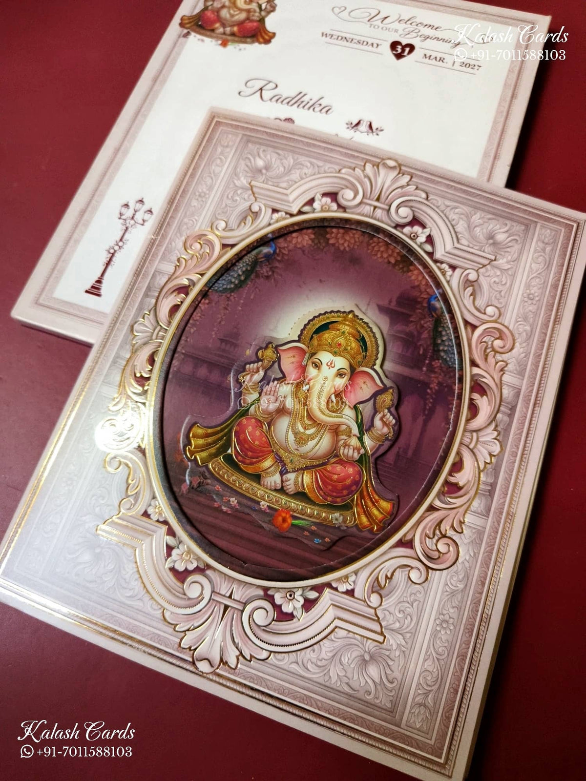 KLB-1497 Maroon Pink Ganesh Ji Laser Cut Semi Box Wedding Card (2 Page)-Kalash Cards