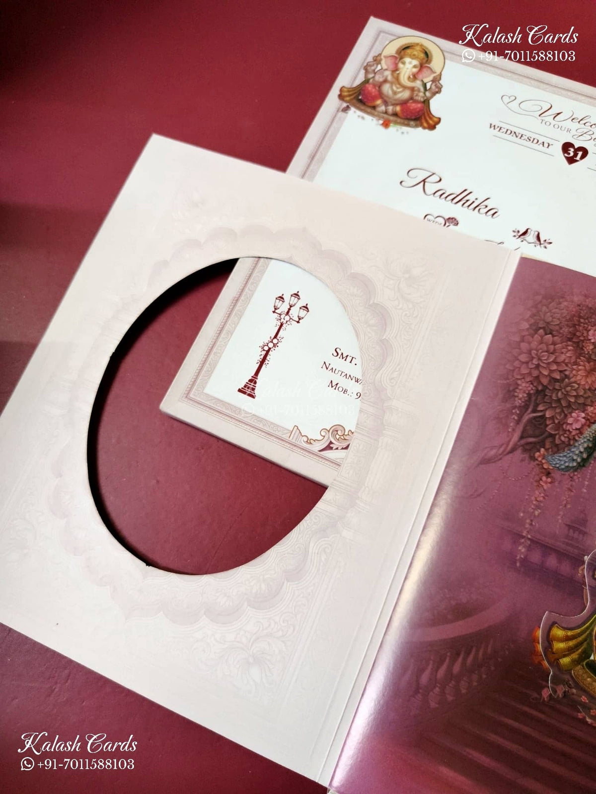 KLB-1497 Maroon Pink Ganesh Ji Laser Cut Semi Box Wedding Card (2 Page)-Kalash Cards