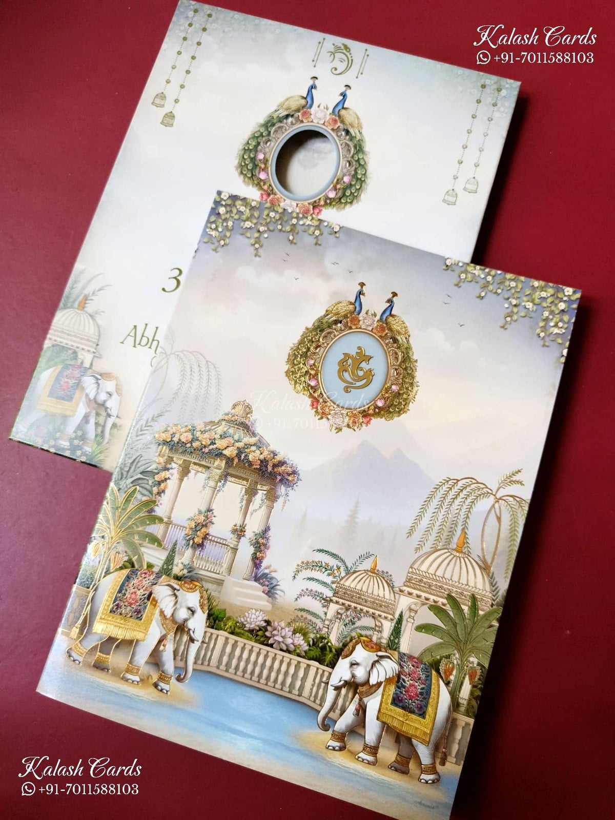 KLB-1498 Blue Elephant Semi Box Wedding Card (2 Page)-Kalash Cards