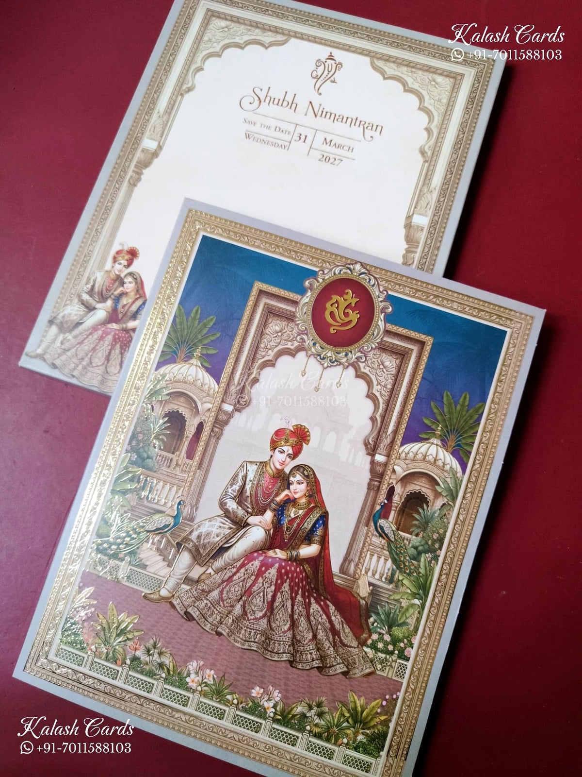KLB-1501 Blue Bride Groom 3D Gold Foil Semi Box Wedding Card (2 Page)-Kalash Cards