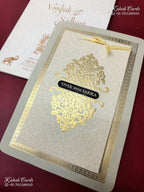 KLB-1505 Creme Golden Traditional Semi Box Wedding Card (2 Page & Couple Name Wooden Plate)-Kalash Cards