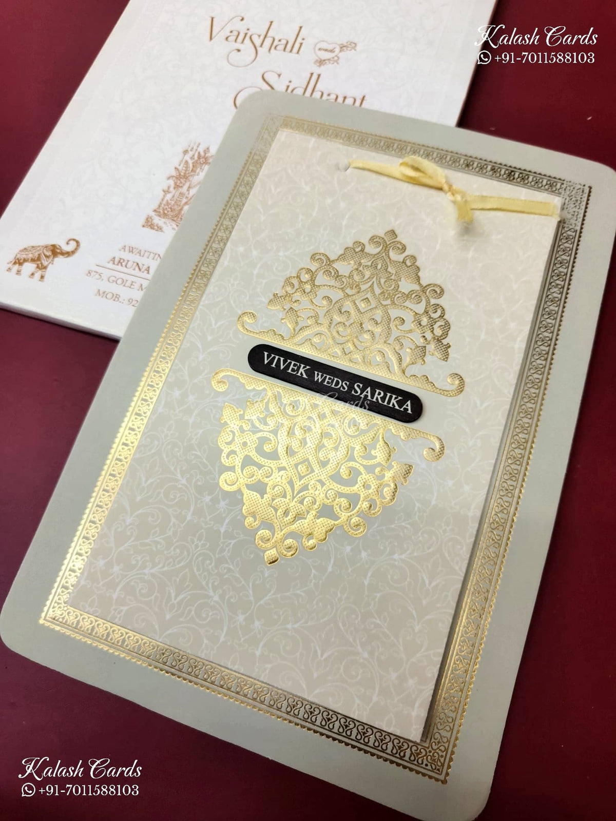 KLB-1505 Creme Golden Traditional Semi Box Wedding Card (2 Page & Couple Name Wooden Plate)-Kalash Cards
