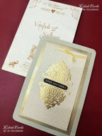 KLB-1505 Creme Golden Traditional Semi Box Wedding Card (2 Page & Couple Name Wooden Plate)-Kalash Cards