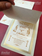 KLB-1505 Creme Golden Traditional Semi Box Wedding Card (2 Page & Couple Name Wooden Plate)-Kalash Cards